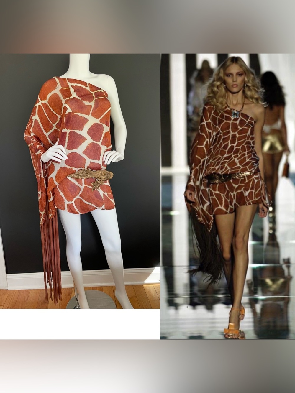 Roberto Cavalli S/S 2006 Vintage One Shoulder Giraffe Dress & Metallic Croc Belt